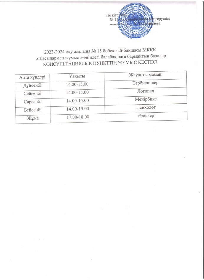 №15 Бөбежай-бақшамызда консультациялық пункт жұмыс кестесі