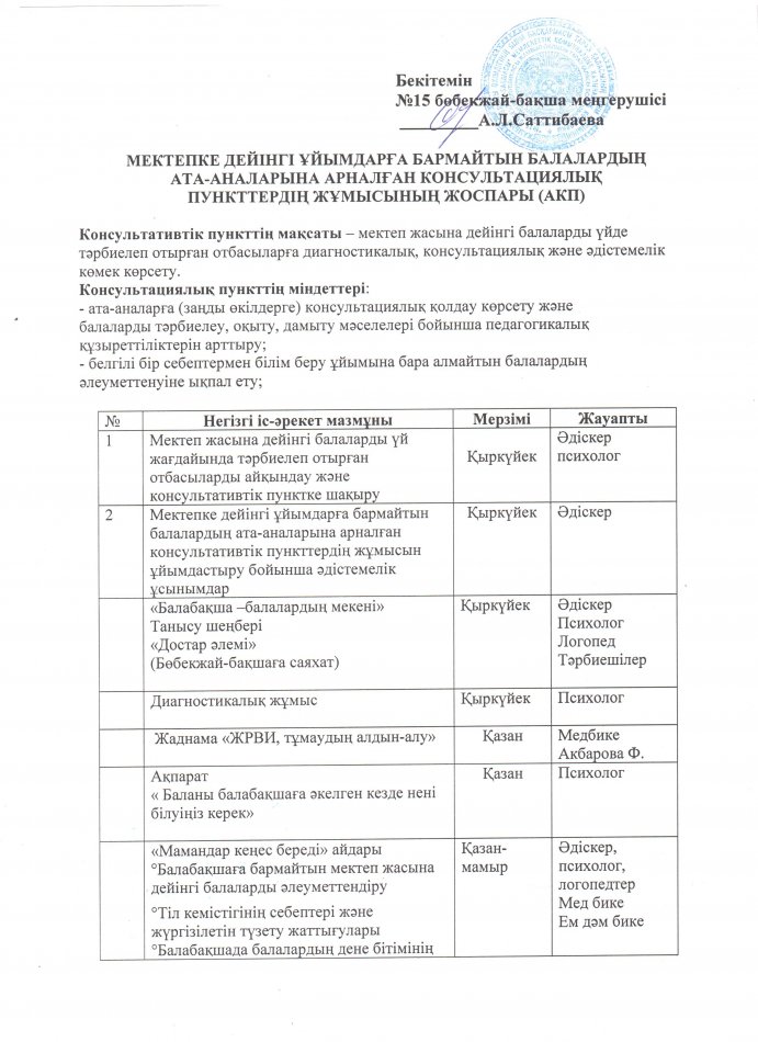 КОНСУЛЬТАЦИЯЛЫҚ ПУНКТТІҢ ЖҰМЫС ЖОСПАРЫ