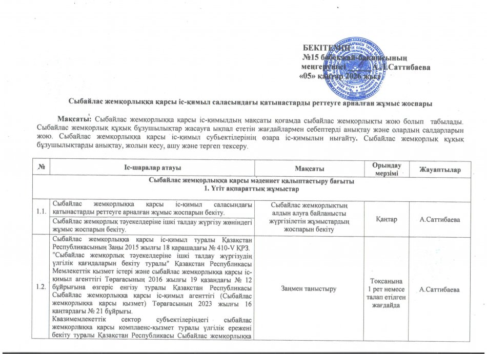 Сыбайлас жемқорлыққа қарсы іс-қимыл саласындағы қатынастарды реттеуге арналған жұмыс жоспары